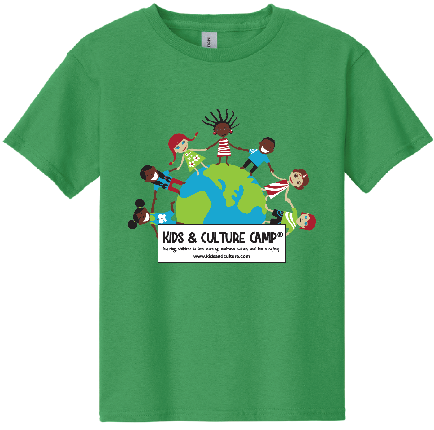 Irish green short sleeved youth t-shirt with globe logo. Children of different ethnicities are holding hands around the globe. The words Kids & Culture Camp inspiring Children to love learning, embrace culture, and live mindfully are underneath the globe. Kids & Culture Camp's web address is underneath the camp name www.kidsandculture.com.