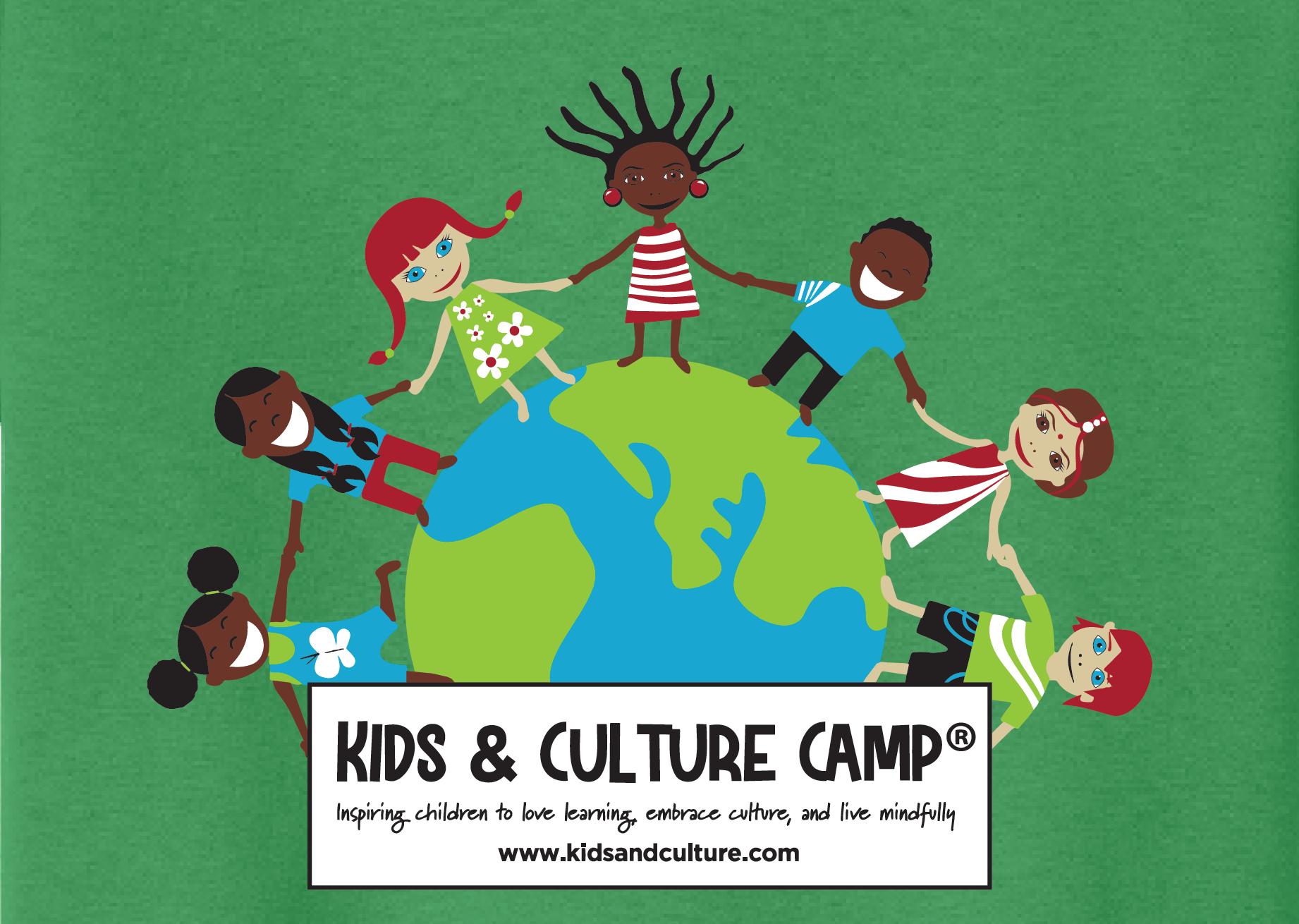 Close up of the Irish green short sleeved youth t-shirt with globe logo. Children of different ethnicities are holding hands around the globe. The words Kids & Culture Camp inspiring children to love learning, embrace culture, and live mindfully are underneath the globe. Kids & Culture Camp's web address is underneath the camp name www.kidsandculture.com