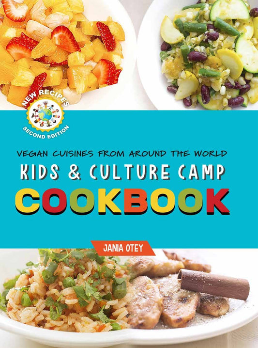 Front cover of Kids & Culture Camp cookbook (hardback) displaying four dishes featured in the book. The title of book is in the center and the author's name listed.