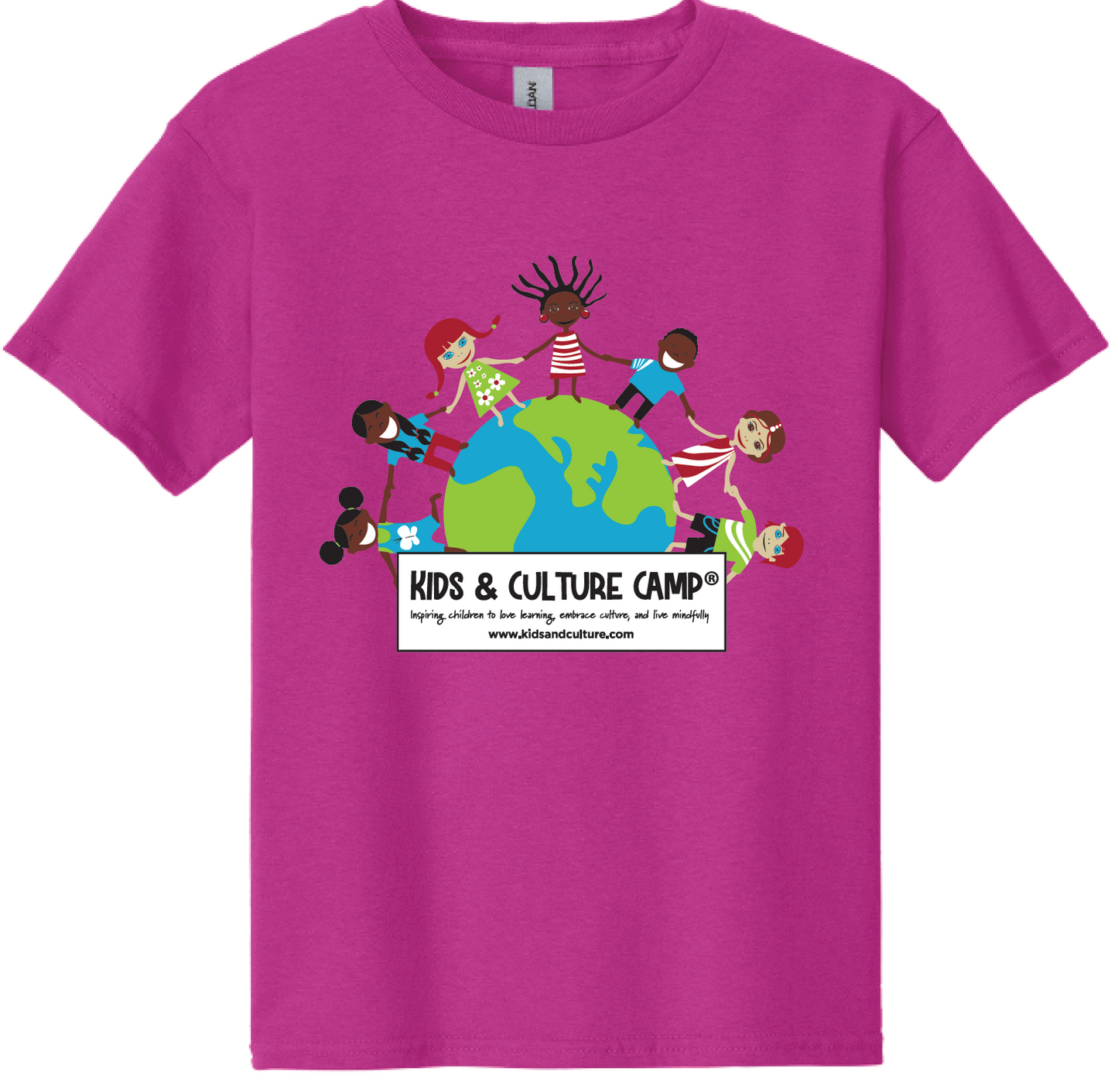 Heleconia pink short sleeved youth t-shirt with globe logo. Children of different ethnicities are holding hands around the globe. The words Kids & Culture Camp inspiring Children to love learning, embrace culture, and live mindfully are underneath the globe. Kids & Culture Camp's web address is underneath the camp name www.kidsandculture.com.
