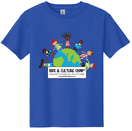 Royal blue short sleeved t-shirt with globe logo. Children of different ethnicities are holding hands around the globe. The words Kids & Culture Camp Inspiring Children to love learning, embrace culture, and live mindfully are underneath the globe. Kids & Culture Camp's web address is underneath the camp name www.kidsandculture.com.