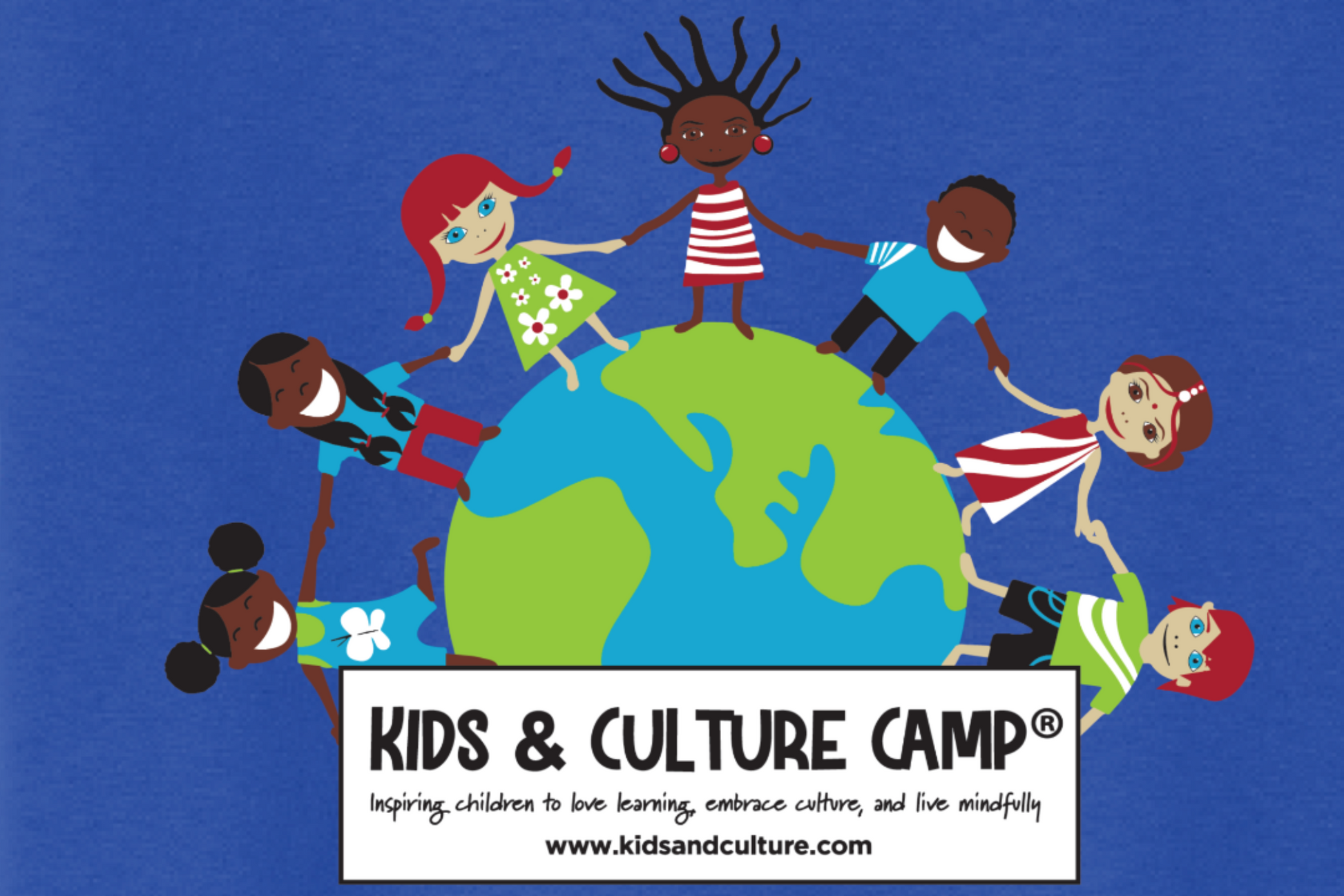 Close up of the Royal blue short sleeved t-shirt with globe logo. Children of different ethnicities are holding hands around the globe. The words Kids & Culture Camp Inspiring Children to love learning, embrace culture, and live mindfully are underneath the globe. Kids & Culture Camp's web address is underneath the camp name www.kidsandculture.com.