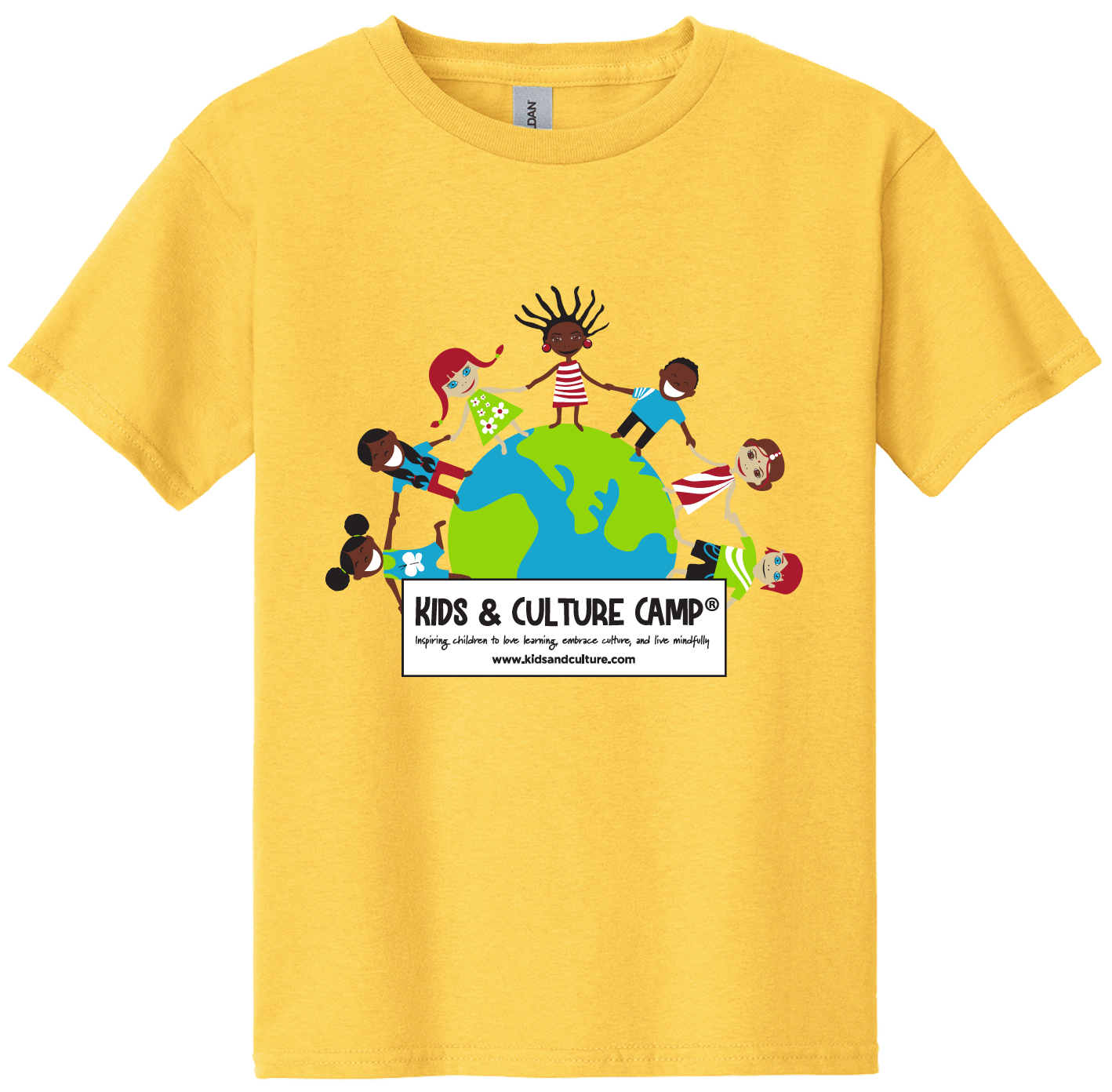 Daisy yellow short sleeved t-shirt with globe logo. Children of different ethnicities are holding hands around the globe. The words Kids & Culture Camp inspiring Children to love learning, embrace culture, and live mindfully are underneath the globe. Kids & Culture Camp's web address is underneath the camp name www.kidsandculture.com.